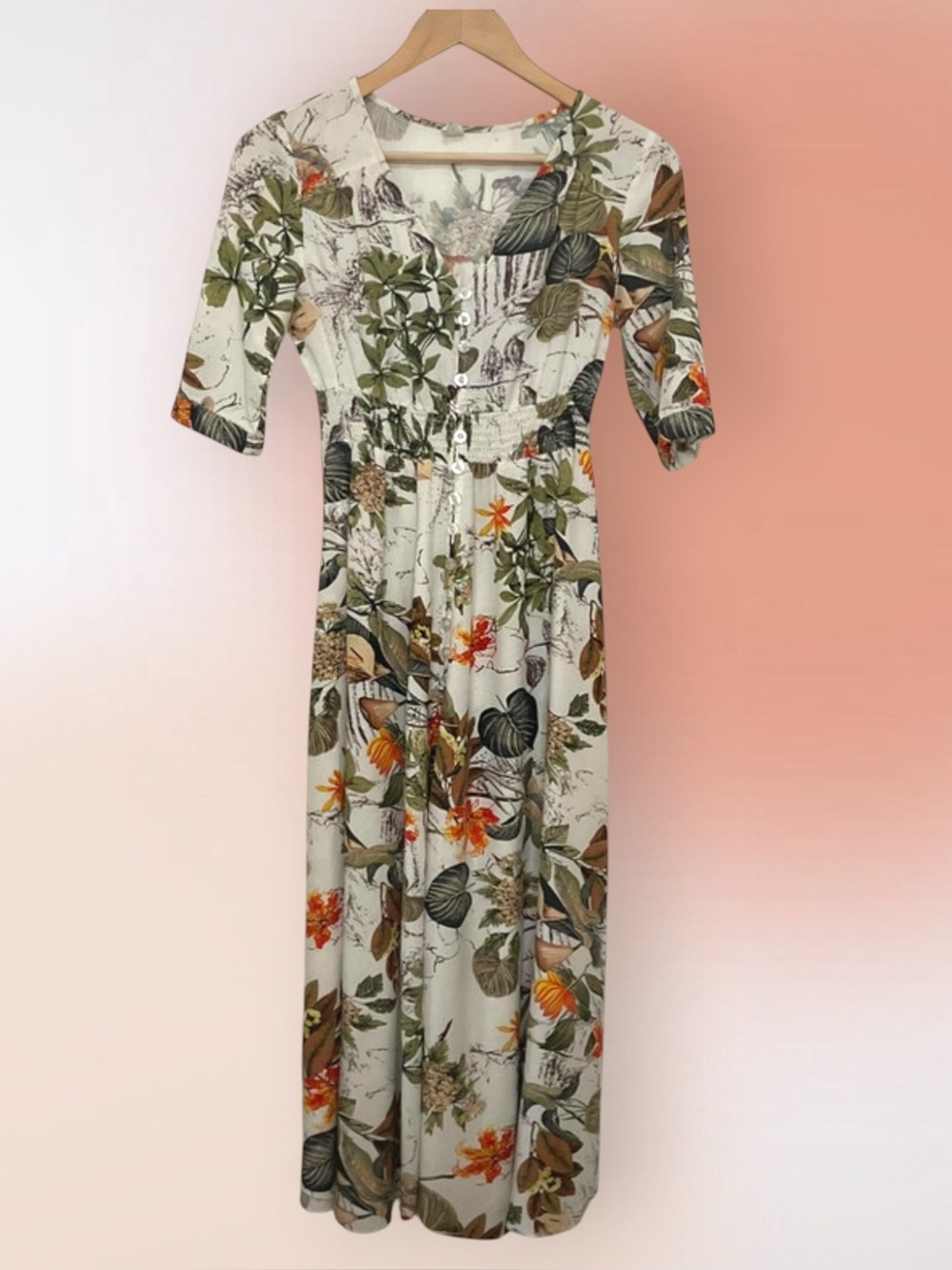 Floral Botanical Button-Front Maxi Dress in Cream and Green Size S
